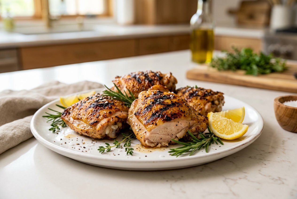 A plate of cooked chicken thighs garnished with herbs and lemon wedges on a kitchen countertop.