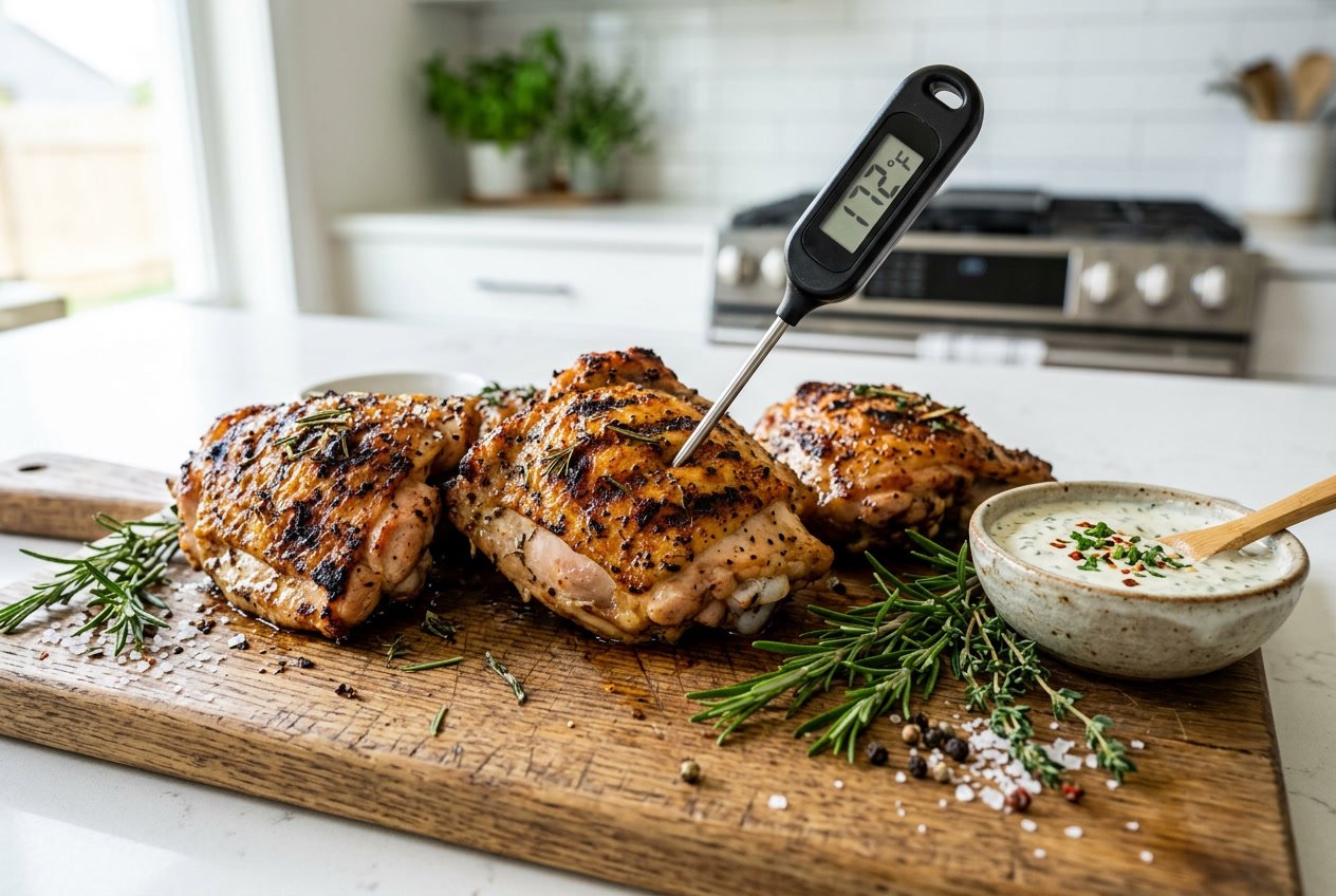 Close-up of cooked chicken thighs on a cutting board with a meat thermometer inserted, surrounded by fresh herbs and a bowl of sauce.