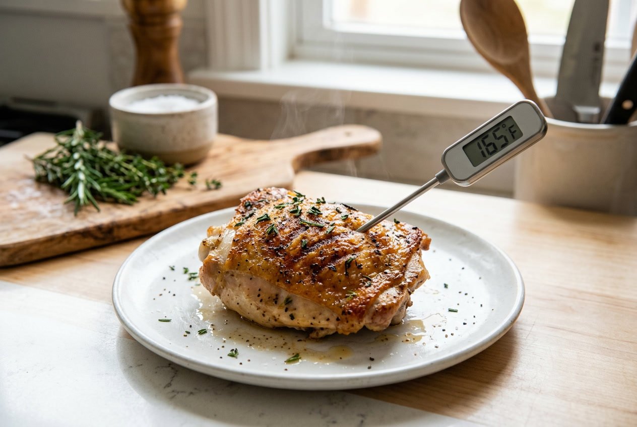 A cooked chicken thigh on a white plate with a meat thermometer inserted showing it is fully cooked, on a kitchen countertop with herbs nearby.