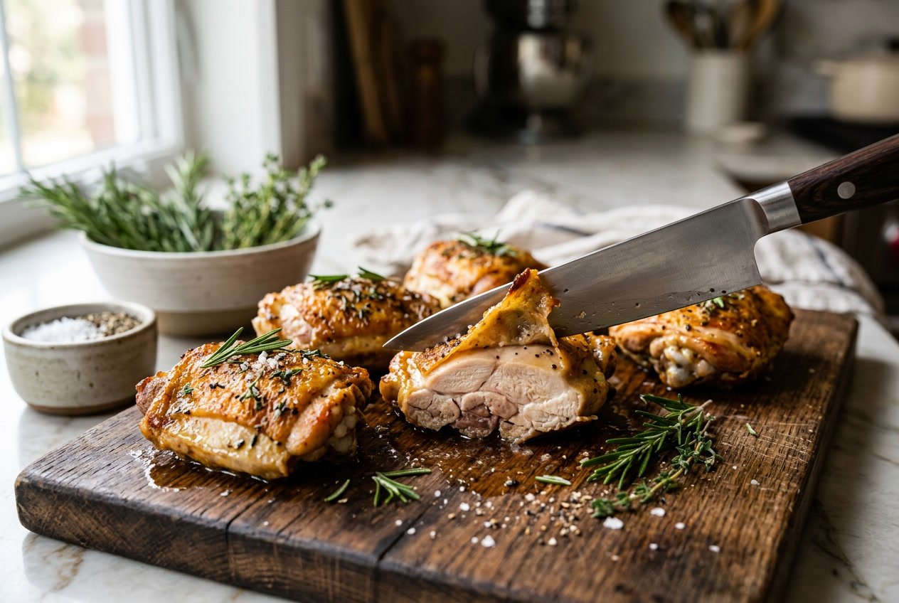 Cooked chicken thighs on a wooden cutting board, one sliced open to show juicy white meat, with fresh herbs and a kitchen knife nearby.