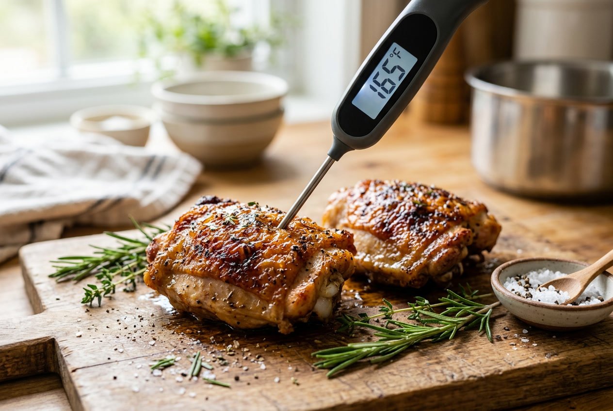 Close-up of cooked chicken thighs on a cutting board with a meat thermometer inserted, surrounded by fresh herbs in a kitchen setting.