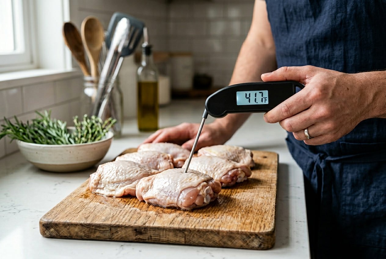 Close-up of a person measuring the internal temperature of raw chicken thighs with a digital meat thermometer in a kitchen.