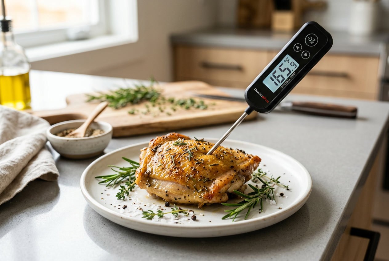A cooked chicken thigh on a plate with a meat thermometer inserted, surrounded by fresh herbs on a kitchen countertop.