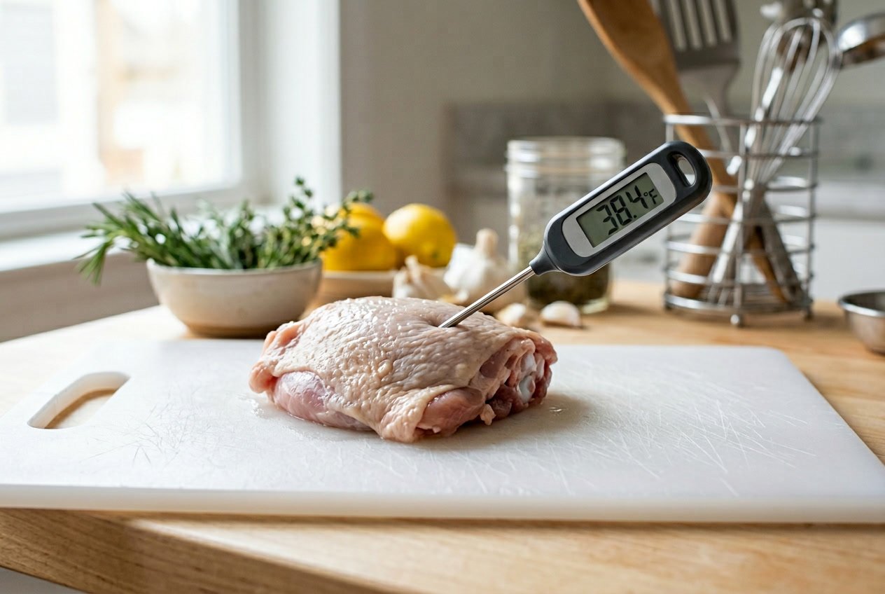 Close-up of a raw chicken thigh on a cutting board with a digital meat thermometer inserted, showing the internal temperature.