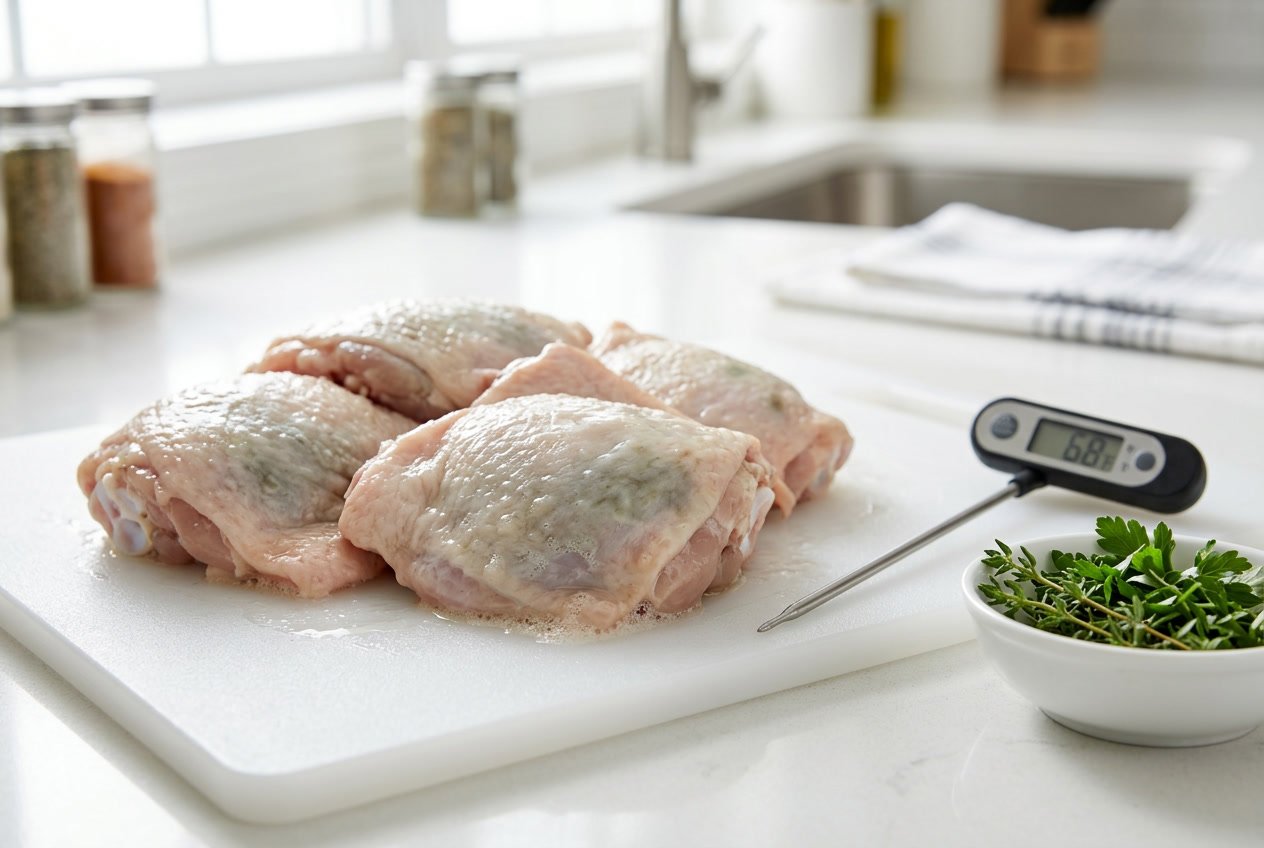 Close-up of raw chicken thighs showing discoloration and slimy texture on a cutting board in a kitchen.
