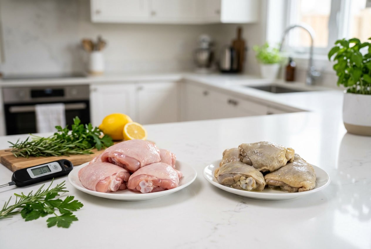 Fresh and spoiled chicken thighs placed side by side on a kitchen countertop with kitchen tools and fresh herbs nearby.