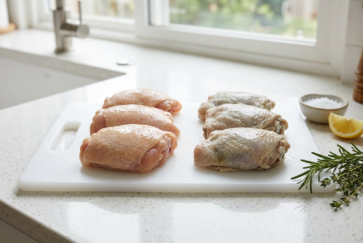 Side by side fresh and spoiled chicken thighs on a white cutting board with herbs and lemon on a kitchen countertop.
