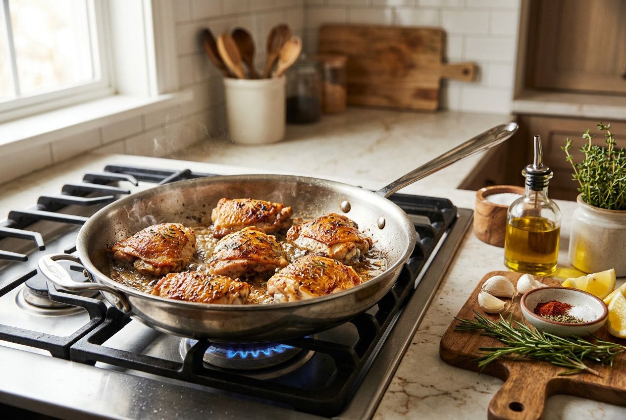Close-up of chicken thighs cooking in a skillet on a gas stove with fresh herbs and ingredients nearby in a kitchen.