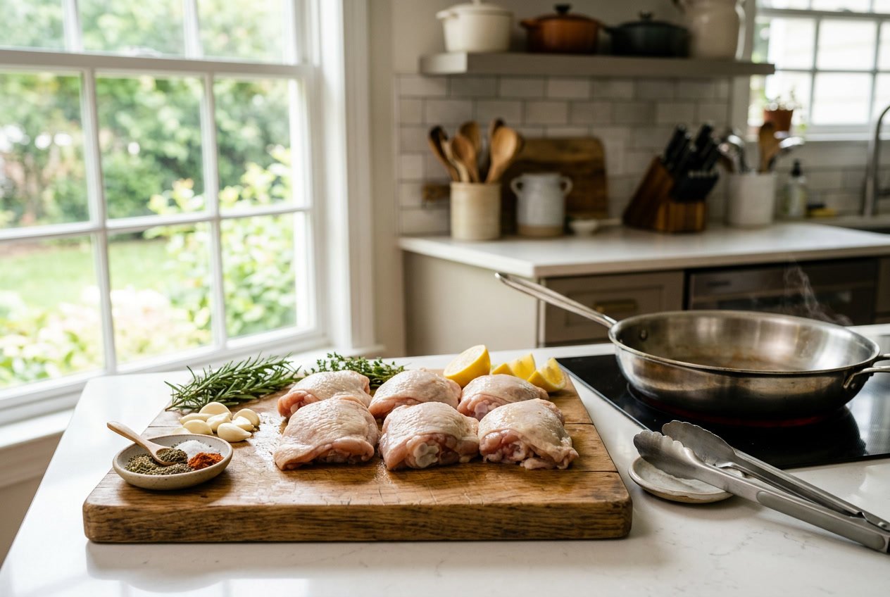 A kitchen countertop with raw chicken thighs on a cutting board surrounded by herbs, garlic, and spices, next to a skillet on a stove.