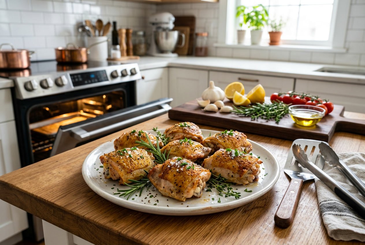 Plate of golden brown baked chicken thighs garnished with herbs on a wooden countertop in a modern kitchen with cooking utensils and fresh ingredients nearby.