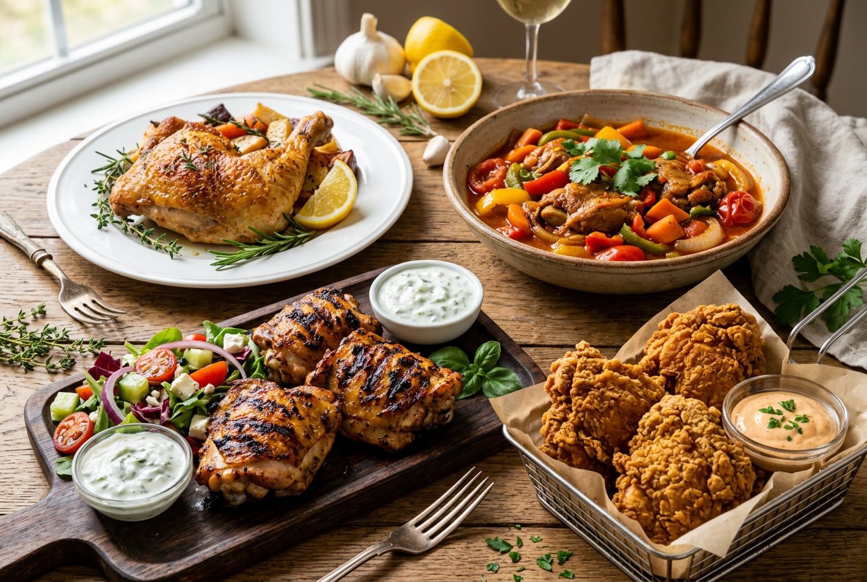 A variety of cooked chicken thigh dishes displayed on a wooden table including roasted, grilled, fried, and stewed preparations with fresh herbs and vegetables.