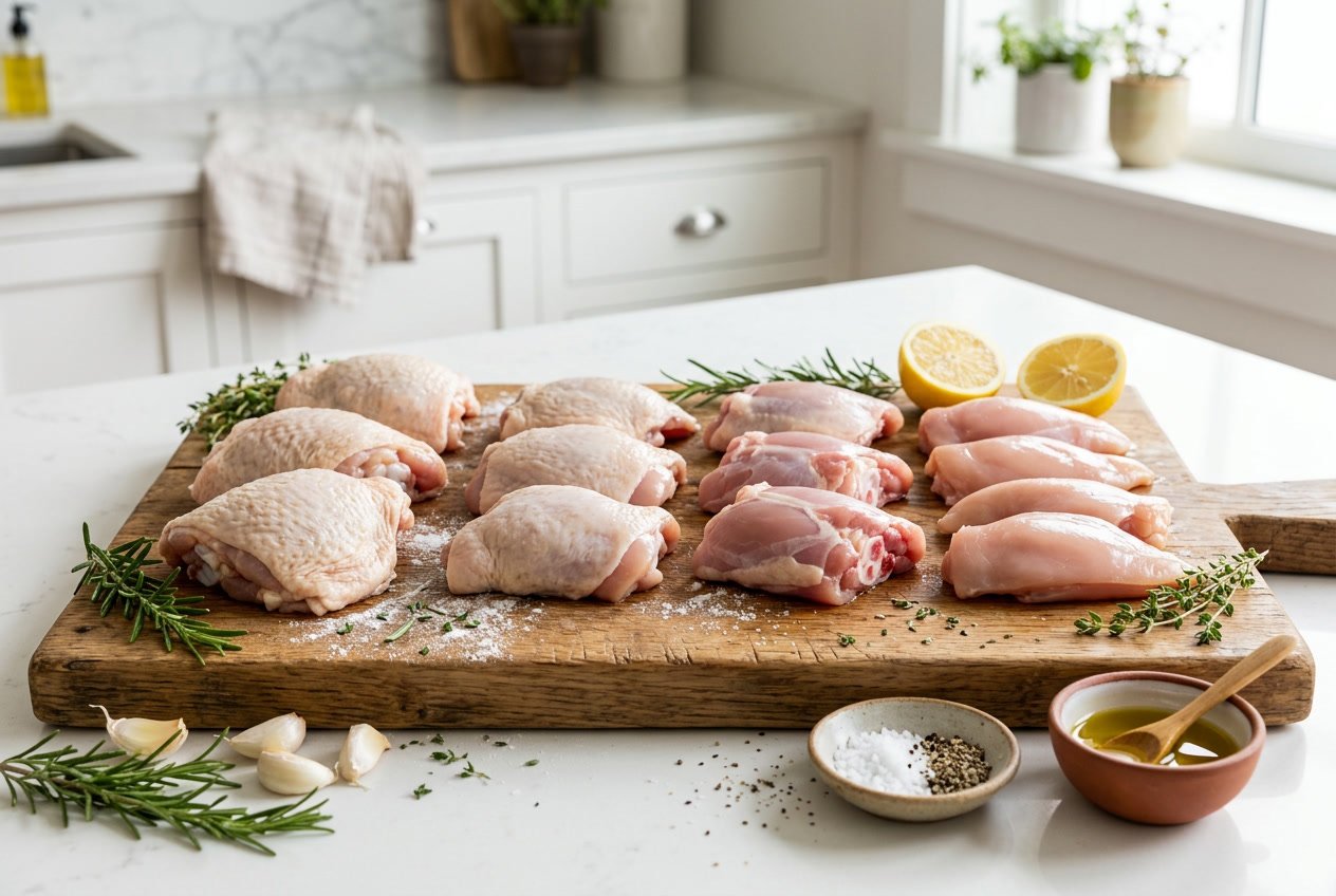 A variety of raw chicken thighs on a wooden cutting board surrounded by fresh herbs, garlic, lemon slices, and seasoning bowls on a kitchen countertop.