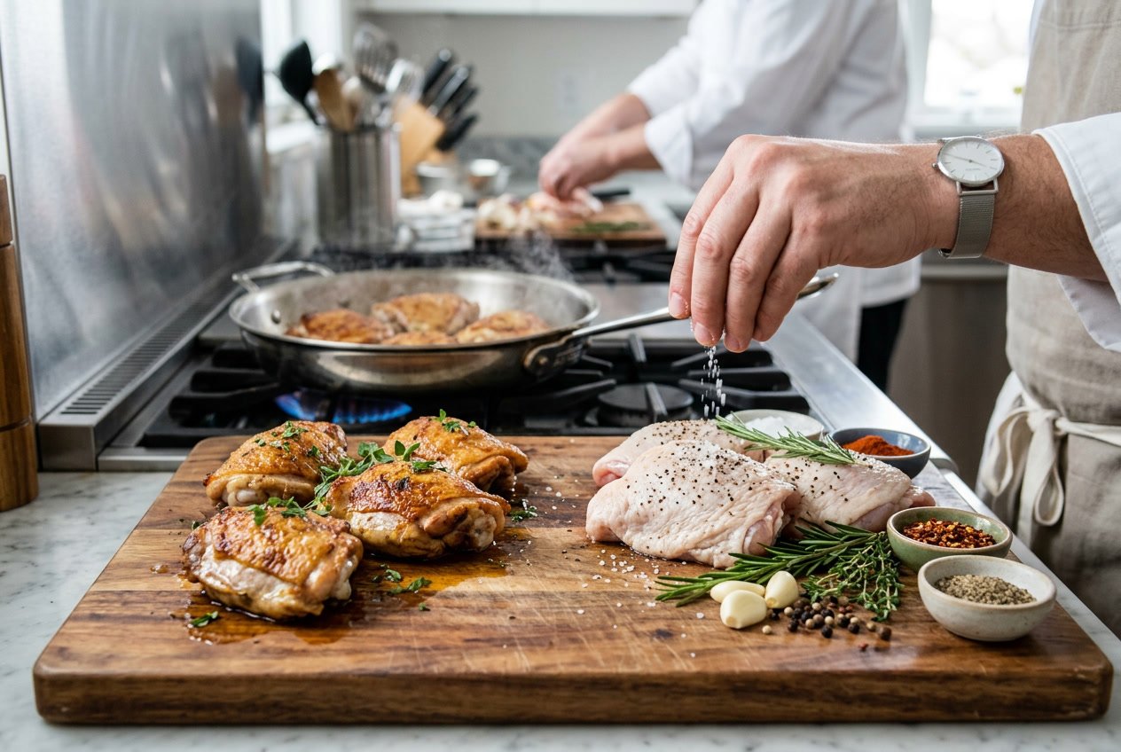 Close-up of chicken thighs being prepared and cooked on a kitchen countertop with fresh herbs and spices nearby.