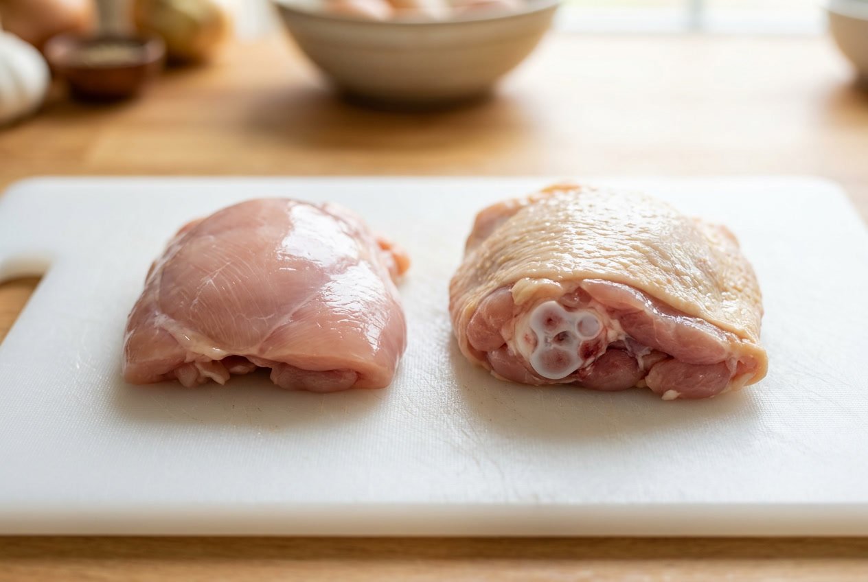 Two raw chicken thighs on a white cutting board, one boneless and one with bone visible.