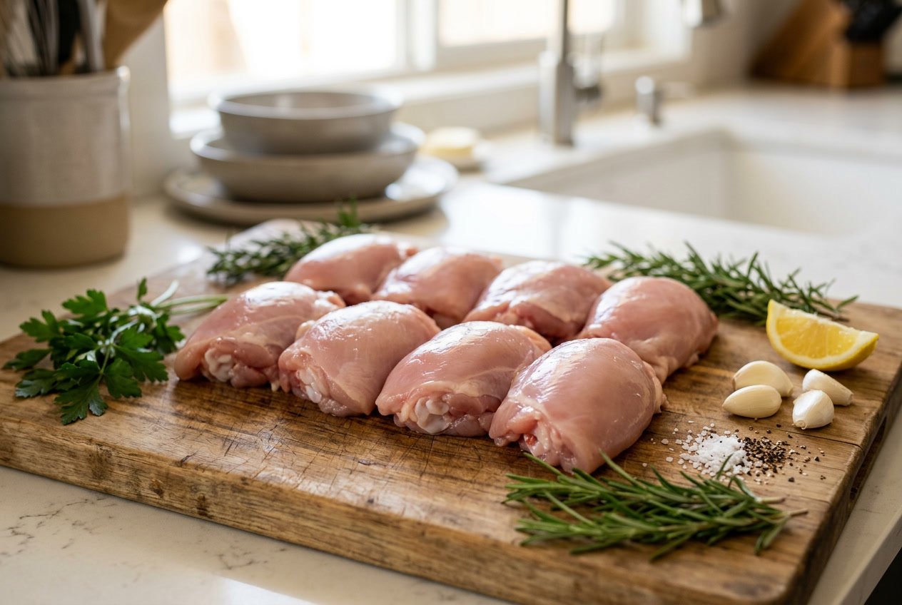 Close-up of raw boneless chicken thighs on a wooden cutting board with herbs and garlic in a kitchen setting.