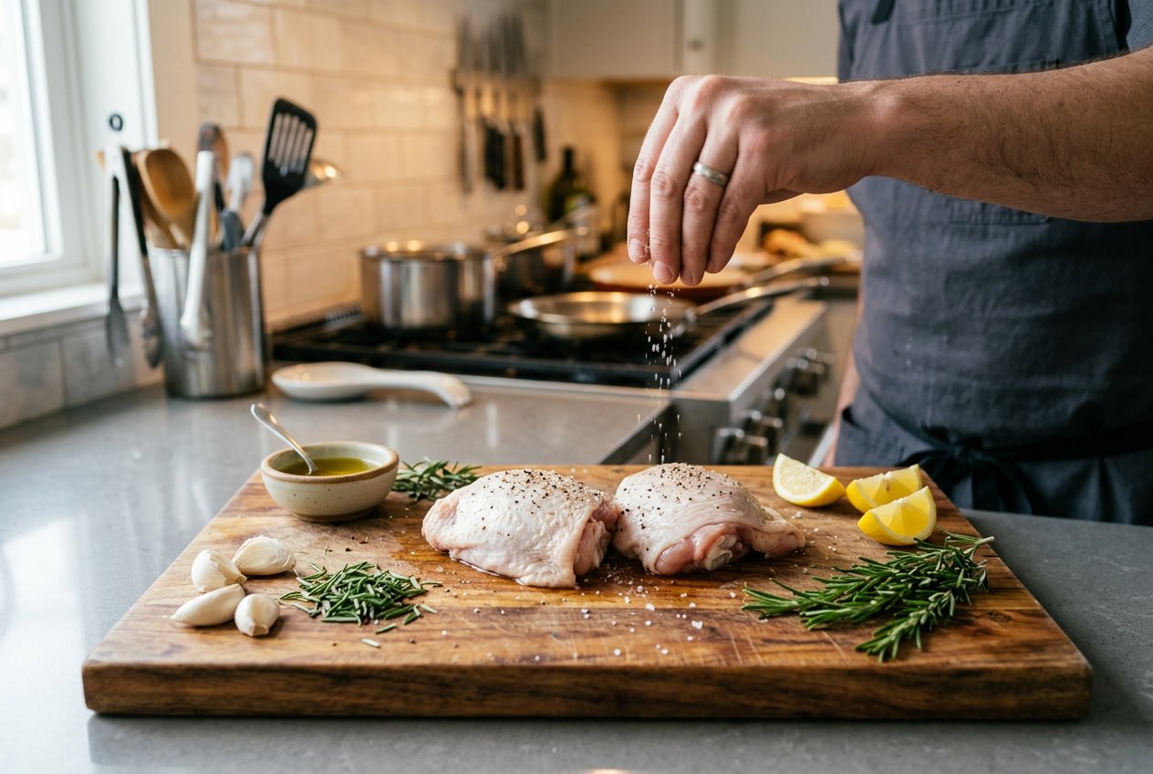 Raw chicken thighs on a cutting board being seasoned with fresh herbs and spices in a kitchen setting.