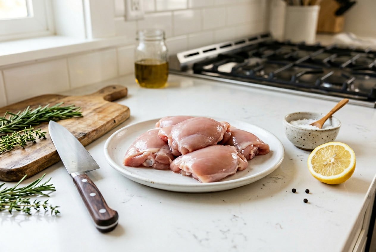 Fresh boneless skinless chicken thighs arranged on a plate with herbs and kitchen tools on a countertop.