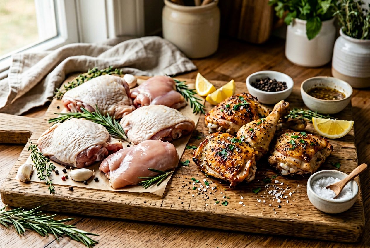 An assortment of raw and cooked chicken thighs with fresh herbs and spices on a wooden cutting board.