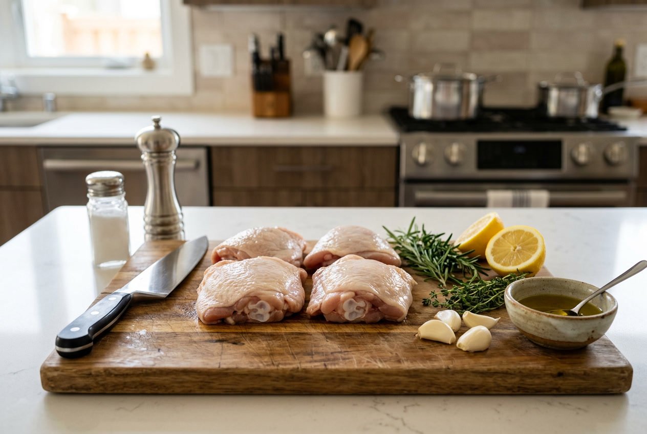 Raw chicken thighs on a cutting board surrounded by herbs, garlic, lemon, and kitchen utensils in a kitchen setting.