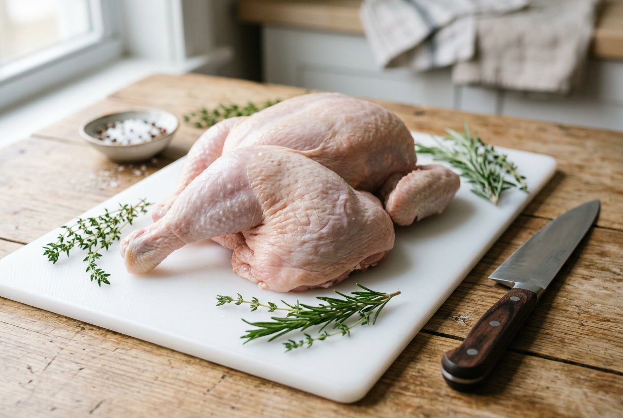 Raw chicken carcass on a cutting board with the thigh area clearly visible, surrounded by fresh herbs and a kitchen knife.