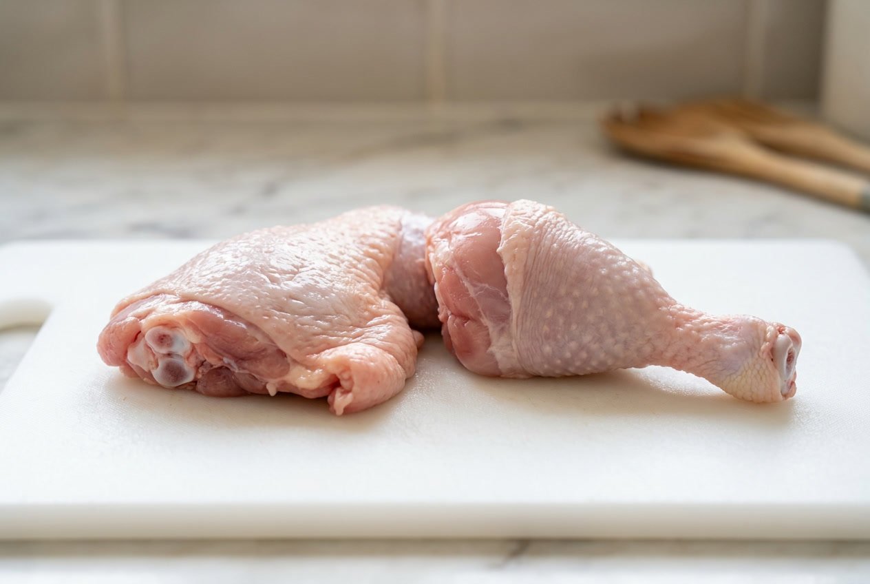 Close-up of a raw chicken leg separated into thigh and drumstick parts on a white cutting board.