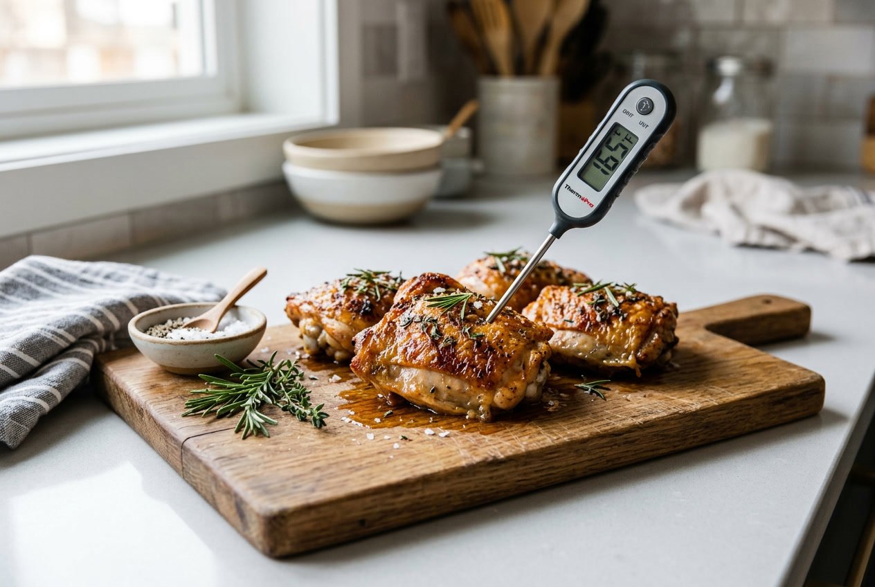 Cooked chicken thighs on a cutting board with a meat thermometer showing the temperature.