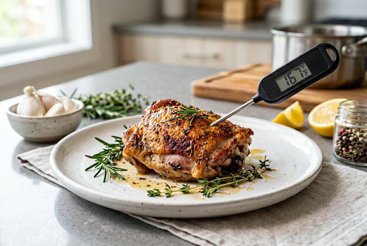 A cooked chicken thigh on a plate with a food thermometer measuring its internal temperature in a kitchen setting.