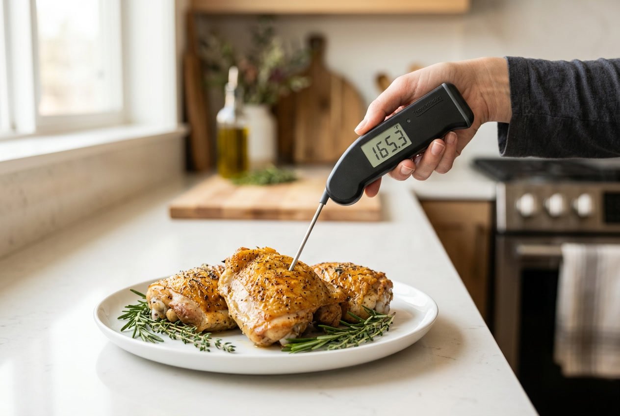 A person checking the temperature of cooked chicken thighs with a digital meat thermometer in a kitchen.