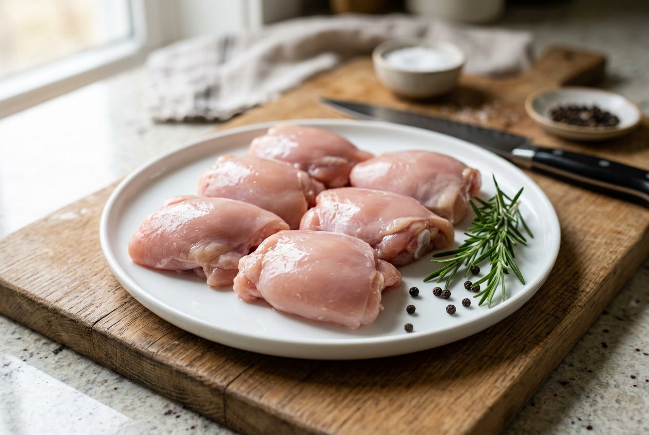 Raw boneless chicken thighs arranged on a white plate with rosemary and peppercorns on a wooden cutting board.