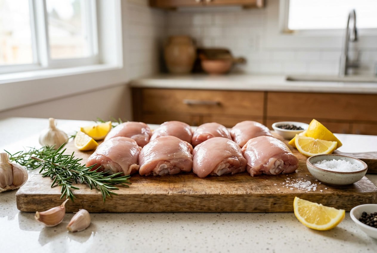 Raw boneless chicken thighs arranged on a wooden cutting board with fresh herbs, garlic, and lemon wedges nearby.