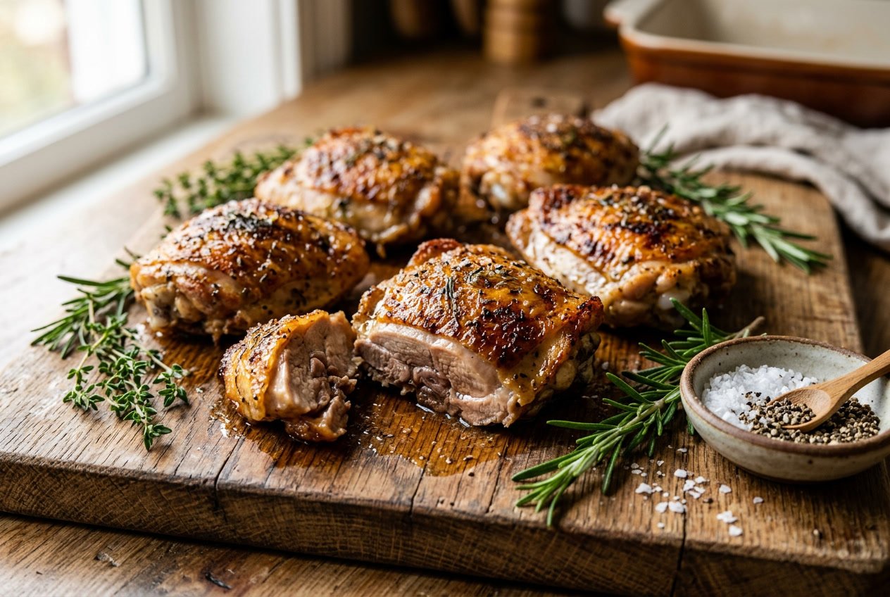 Close-up of cooked chicken thighs on a wooden cutting board with herbs and seasoning.
