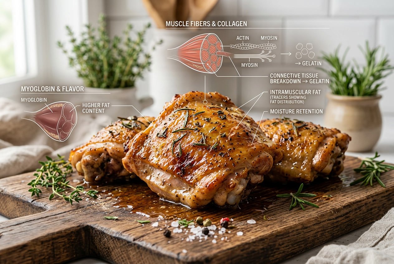 Close-up of cooked chicken thighs showing juicy, golden-brown meat with a clean background.