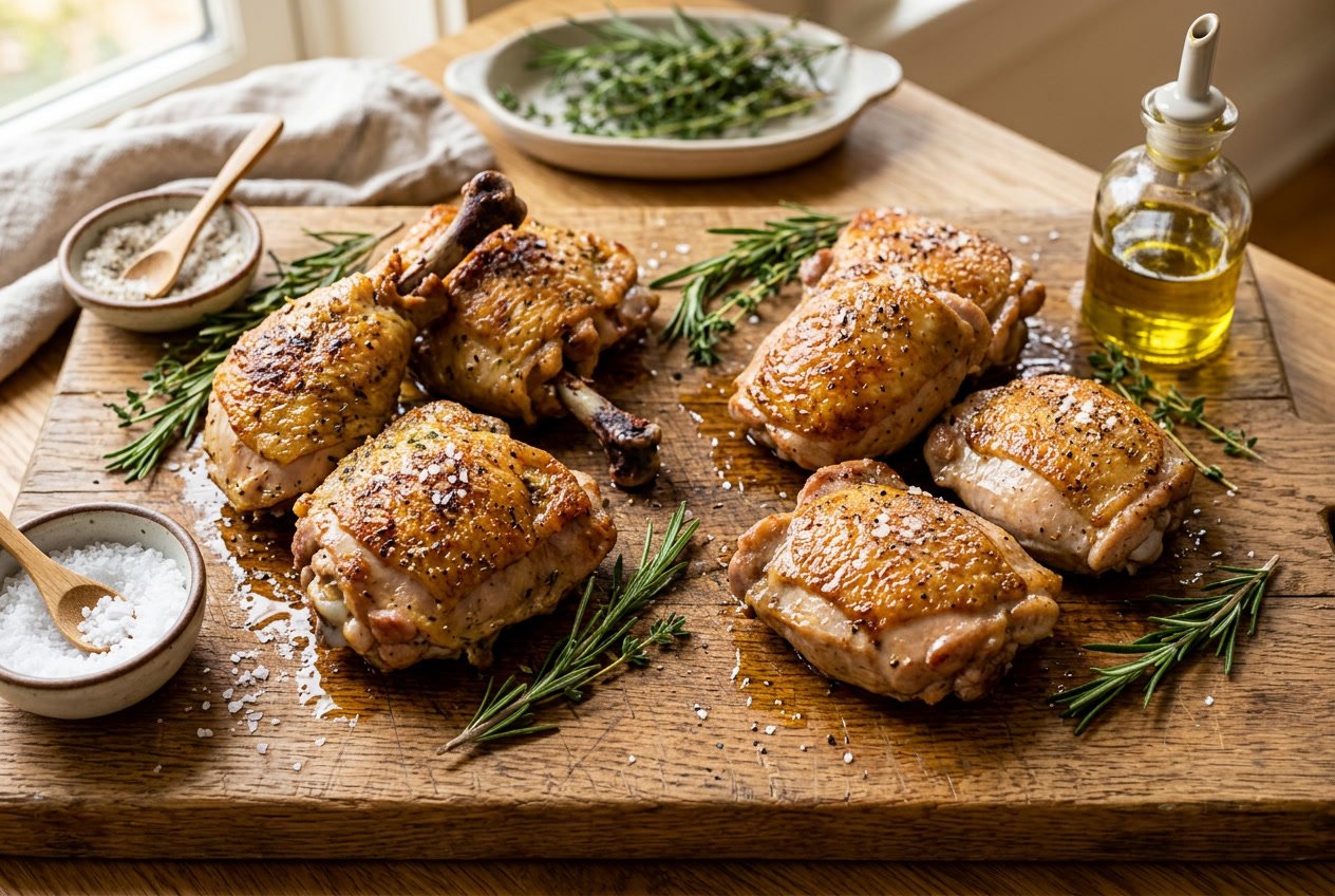 Close-up of bone-in and boneless chicken thighs on a wooden cutting board with fresh herbs and seasoning around them.