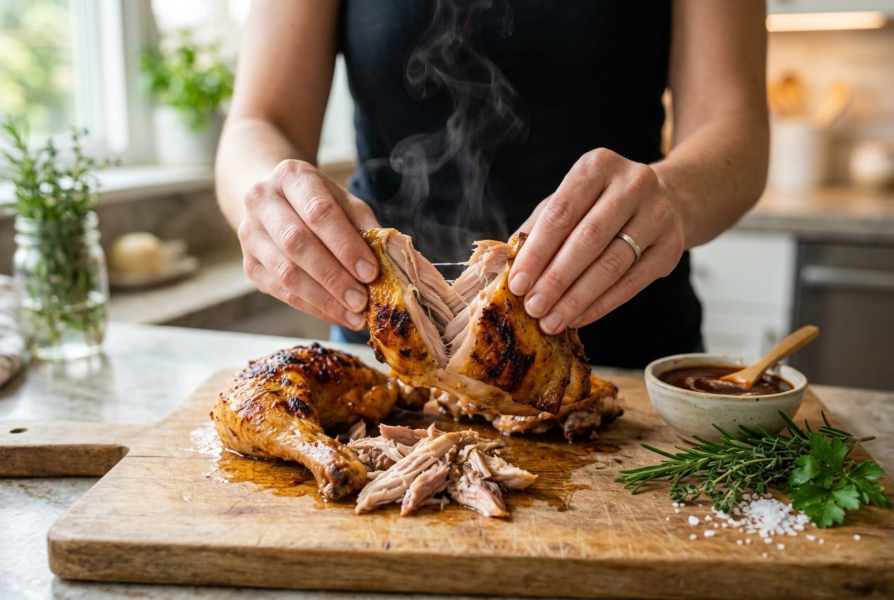 Person pulling apart cooked chicken thighs over a wooden cutting board in a kitchen.