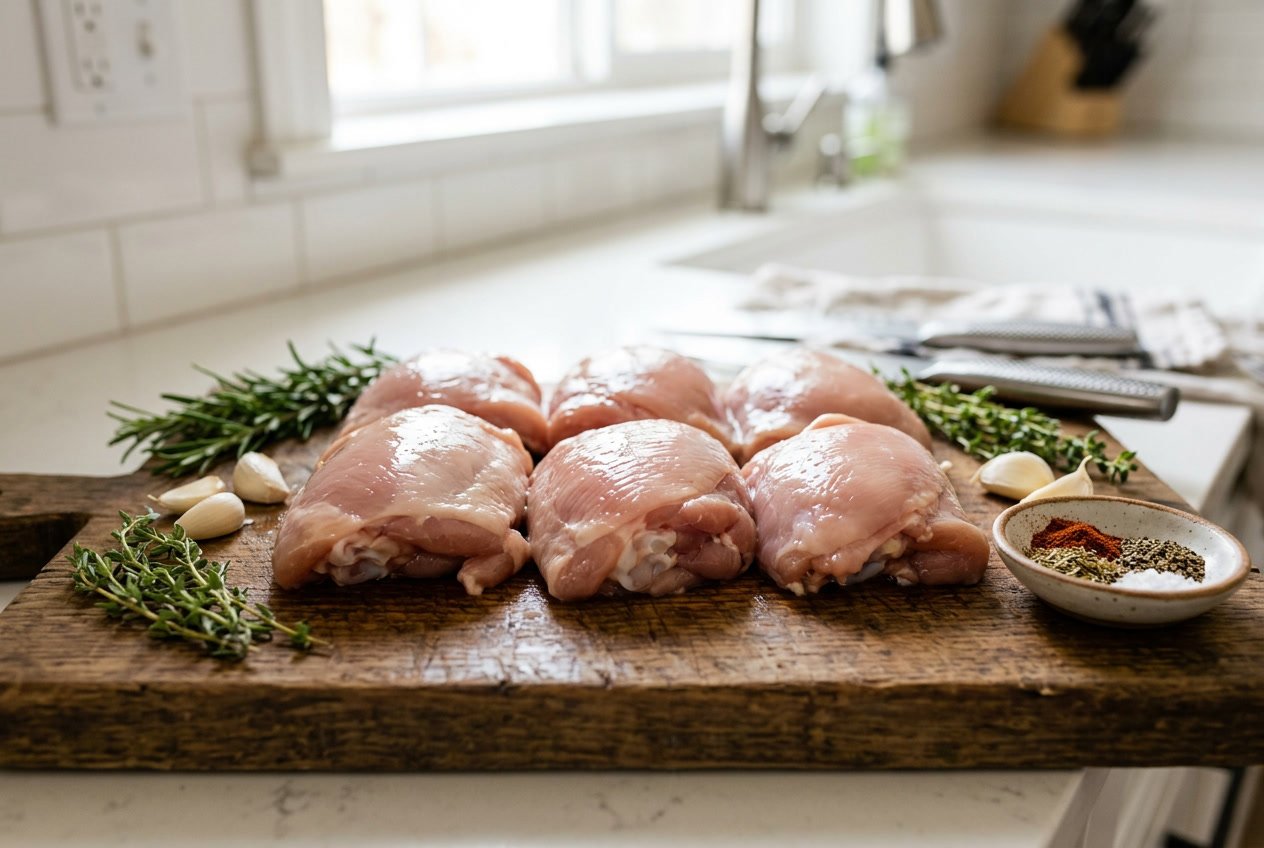 Close-up of raw chicken thighs on a wooden cutting board with fresh herbs and garlic nearby in a kitchen setting.