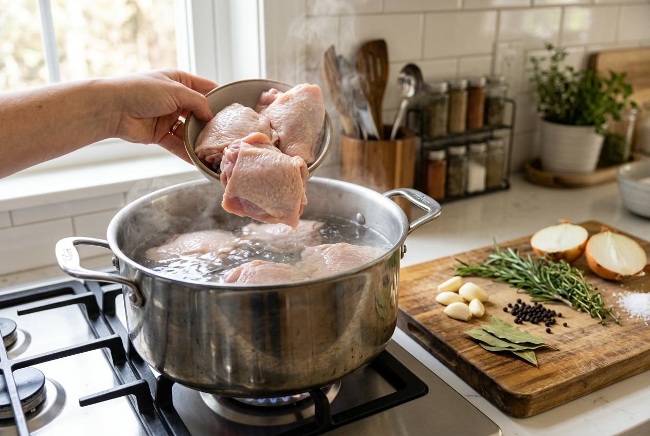 Raw chicken thighs being placed into a pot of water on a stove with fresh herbs and spices nearby in a kitchen.