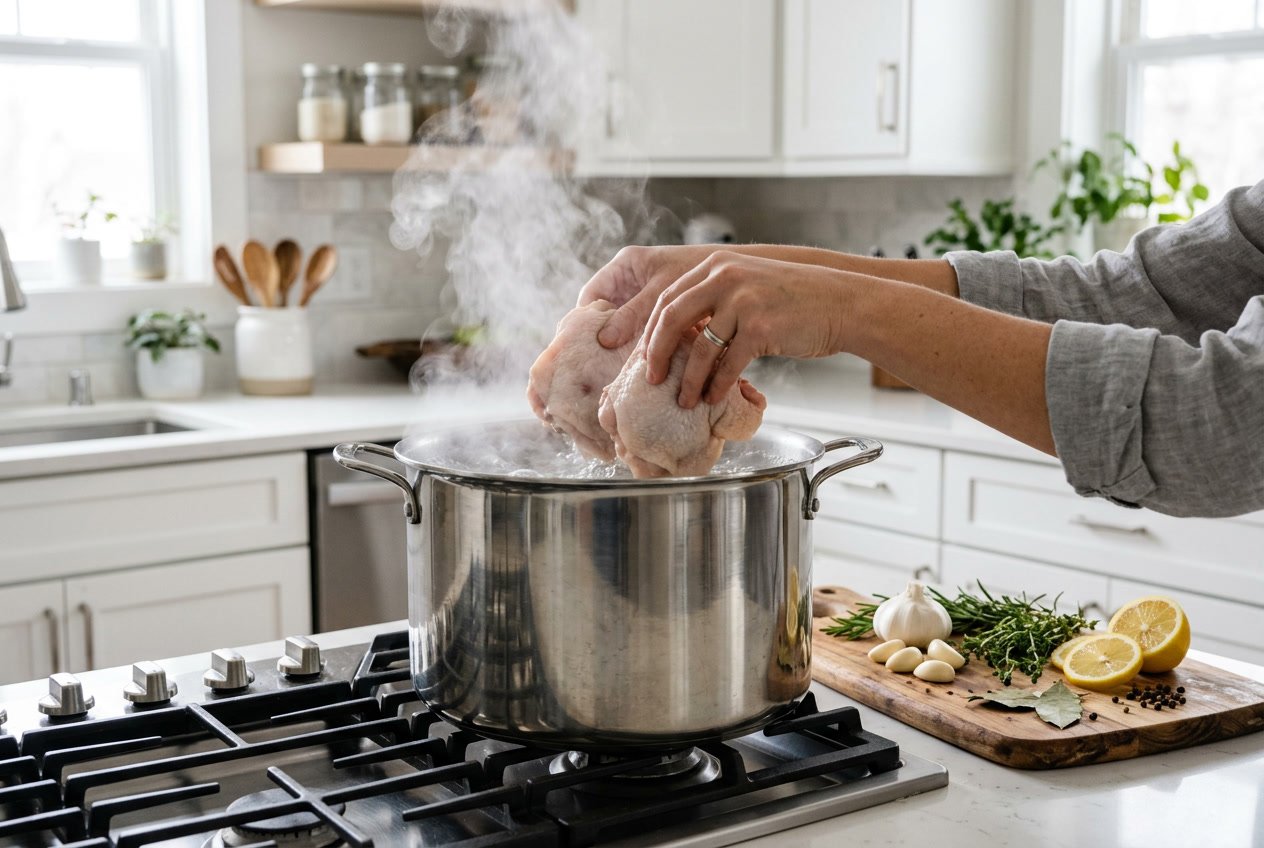 Raw chicken thighs being put into a pot of boiling water on a kitchen stove with fresh ingredients nearby.