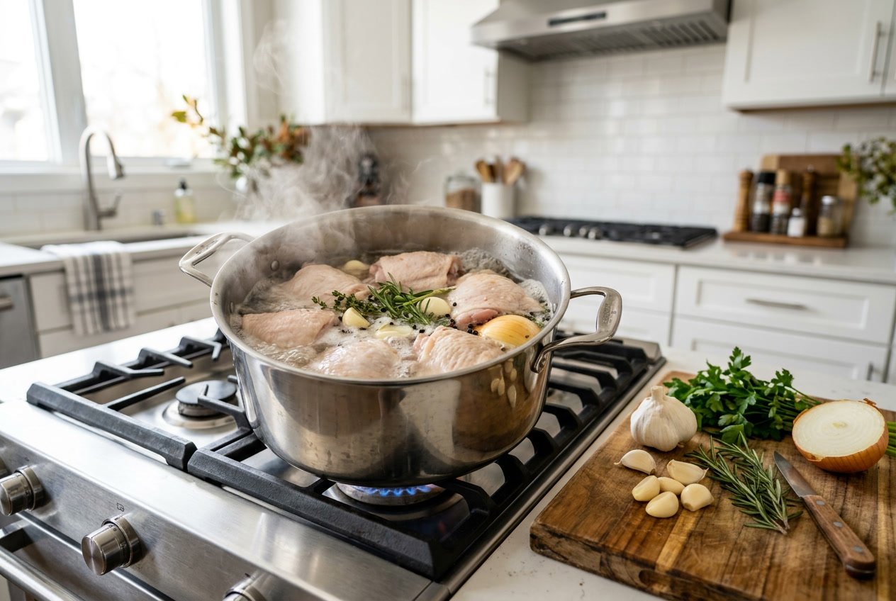A pot of boiling water on a stove with chicken thighs inside, surrounded by fresh herbs and garlic in a kitchen setting.