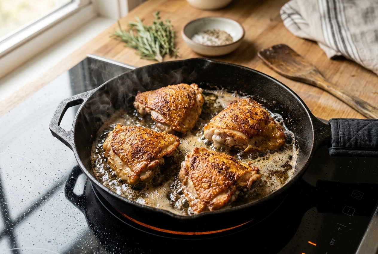 Close-up of chicken thighs frying in a skillet on a stovetop with herbs and cooking utensils in the background.