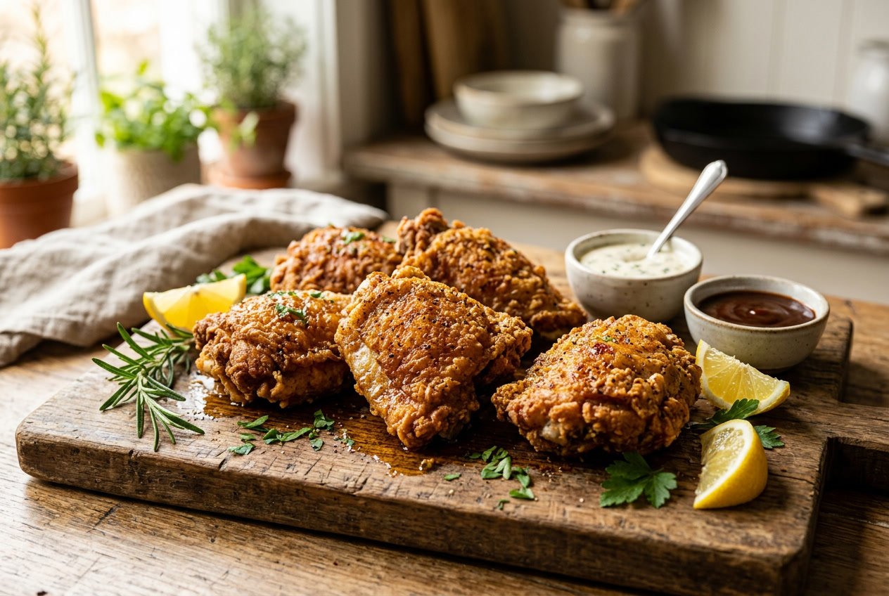 A plate of crispy fried chicken thighs with dipping sauces and lemon wedges on a wooden board.