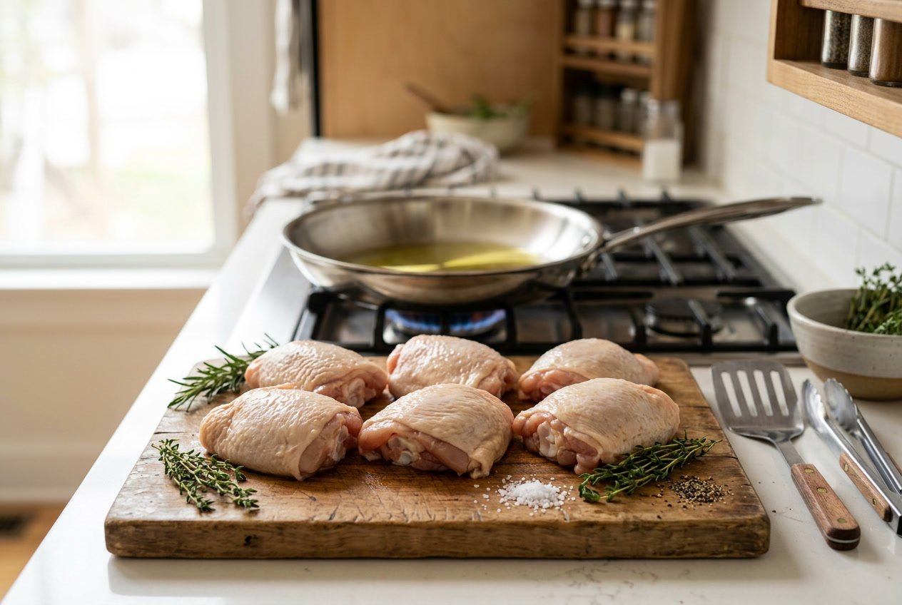 Raw chicken thighs on a wooden cutting board with fresh herbs, a frying pan heating on a stovetop in a kitchen.