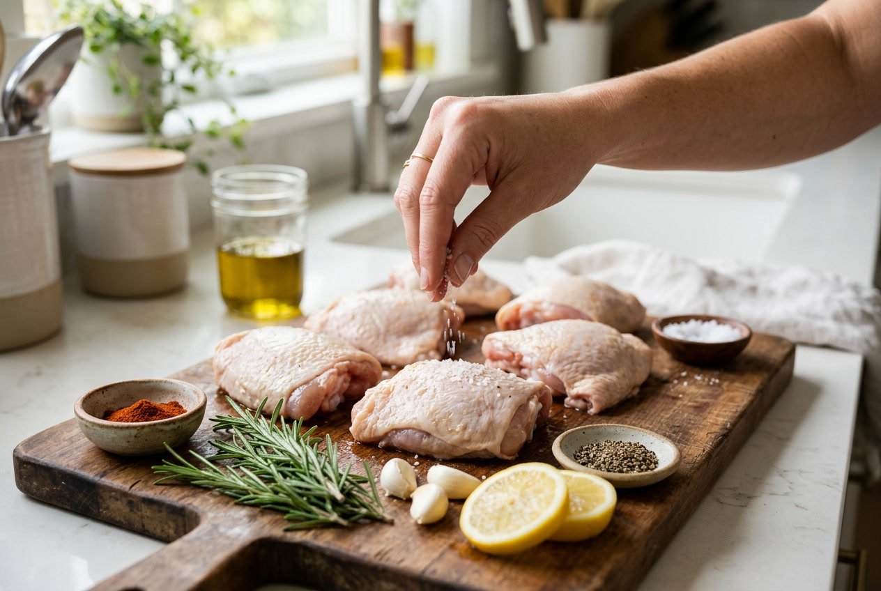 Raw chicken thighs on a cutting board being seasoned with herbs and spices in a kitchen.