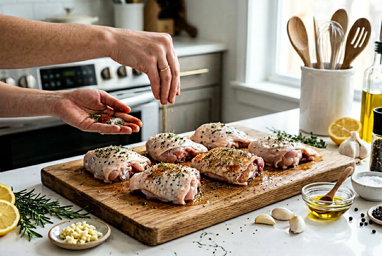 Hands seasoning raw chicken thighs with herbs and spices on a wooden cutting board in a kitchen setting.