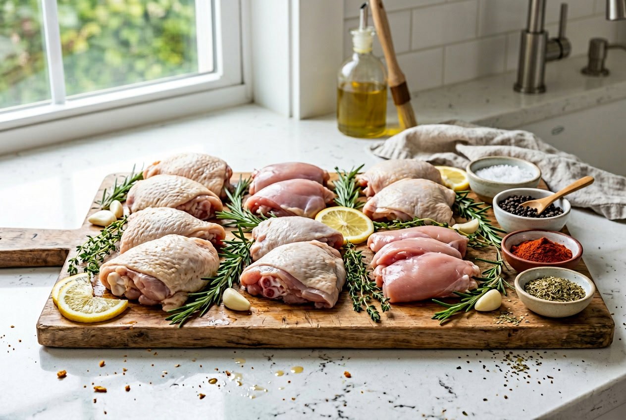Various raw chicken thighs on a wooden cutting board with herbs, spices, and lemon slices on a kitchen countertop.