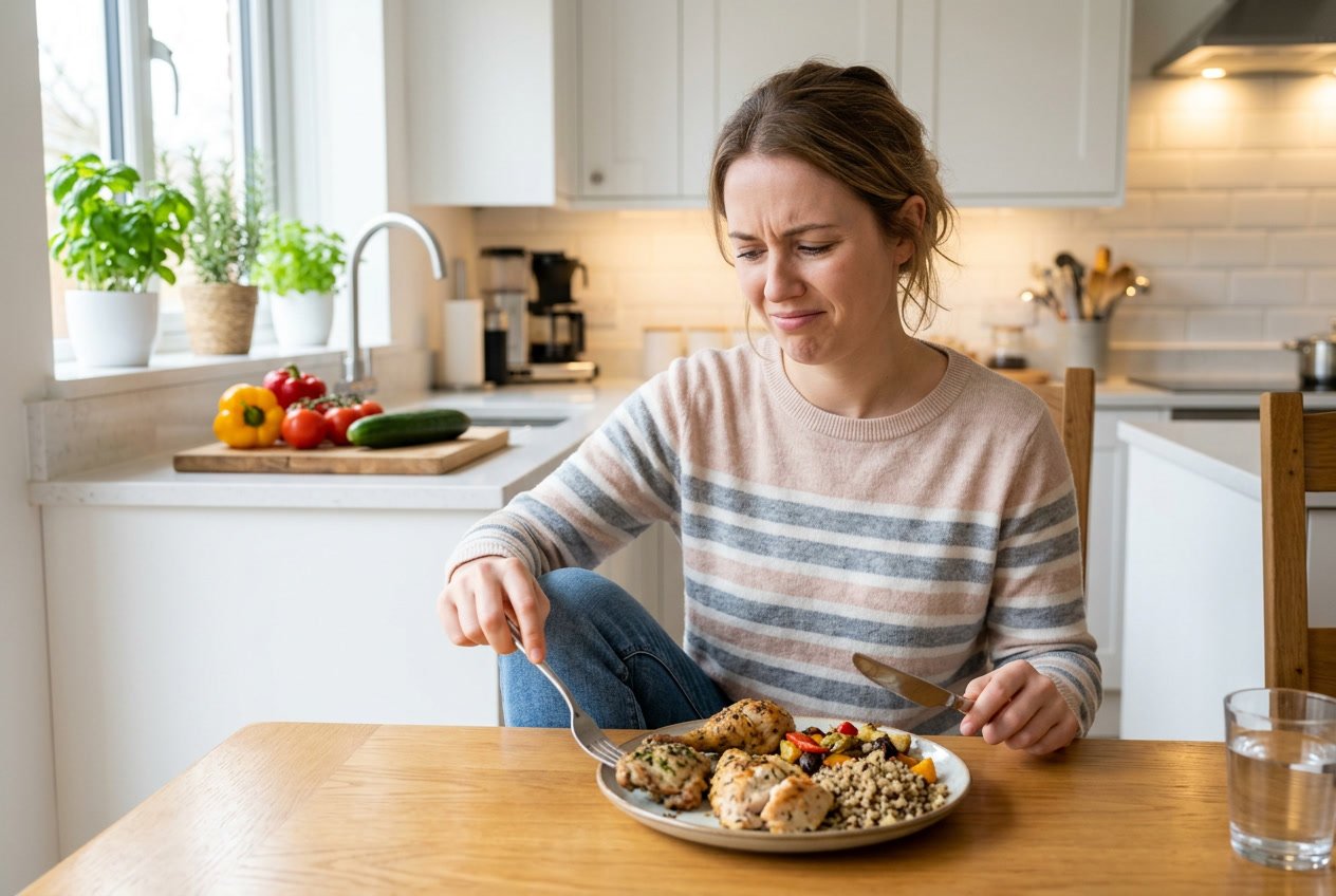 A person sitting at a kitchen table pushing away a chicken thigh on their plate with a look of reluctance.
