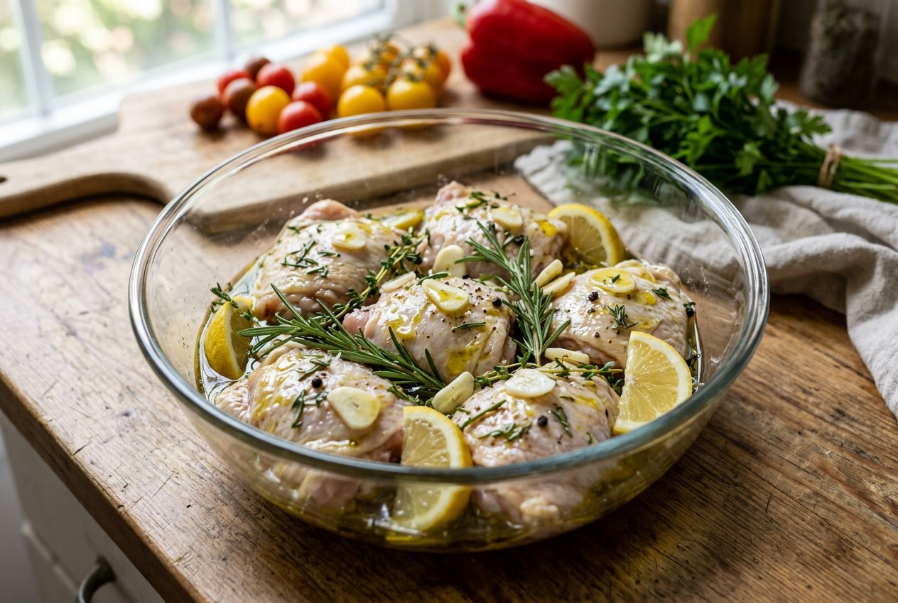 Raw chicken thighs marinating in a glass bowl with herbs and lemon on a wooden kitchen countertop.