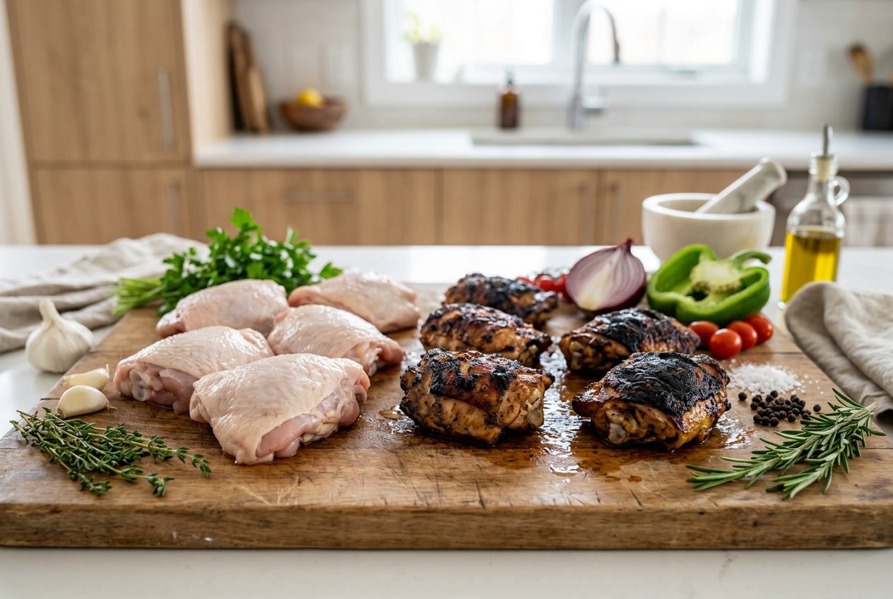 A kitchen scene showing raw and cooked chicken thighs on a cutting board with herbs and vegetables nearby.