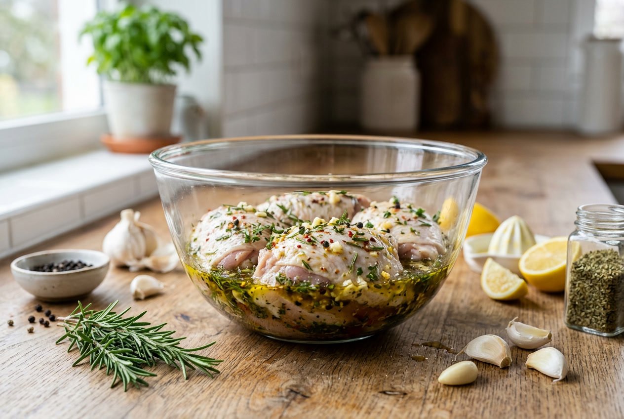 Raw chicken thighs marinating in a glass bowl with herbs and spices on a wooden kitchen countertop.