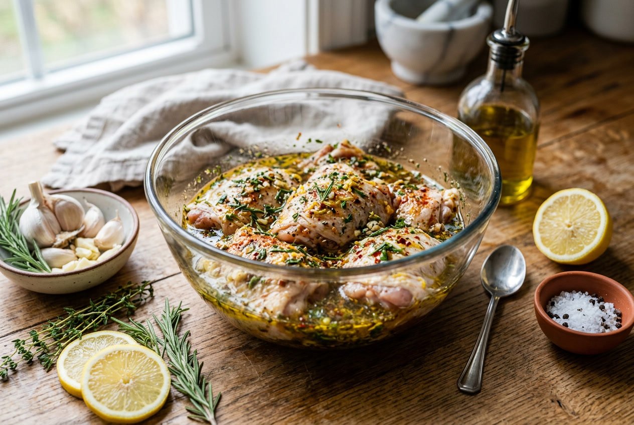 Close-up of raw chicken thighs being marinated in a glass bowl surrounded by fresh herbs, spices, and lemon slices on a wooden kitchen countertop.