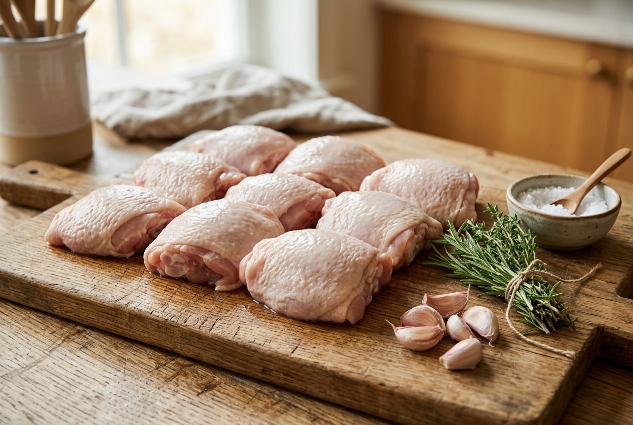 Close-up of raw chicken thighs on a wooden cutting board with herbs and garlic nearby.
